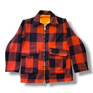 Vtg Reversible Woolrich Buffalo Plaid Wool Hunting Jacket W/ Orange Lining Flaws